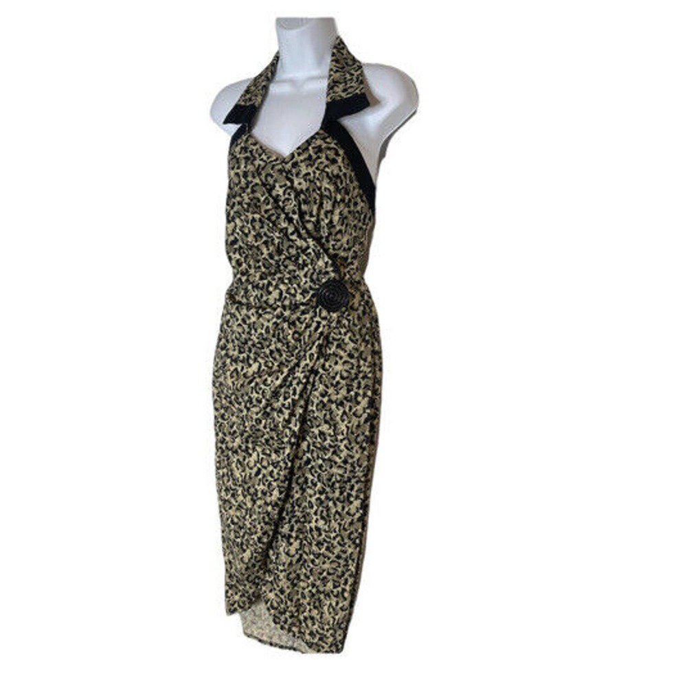 Vtg Y2K Leopard Print Collared Halter Top Rockabilly Pin Up Sexy Wrap Dress Sm